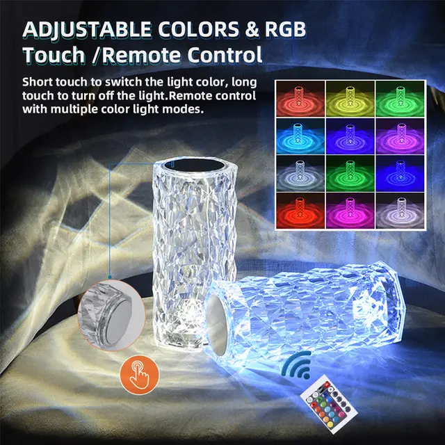 Rose Diamond Crystal Table Lamp – 16 Color RGB Touch Sensor Light with Remote Control – USB Charging Portable Atmosphere Lam