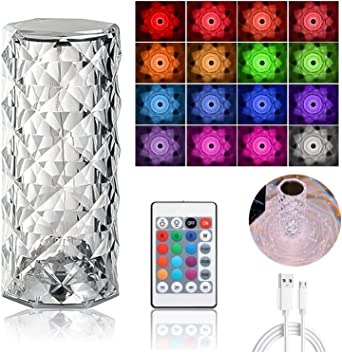 Rose Diamond Crystal Table Lamp – 16 Color RGB Touch Sensor Light with Remote Control – USB Charging Portable Atmosphere Lam