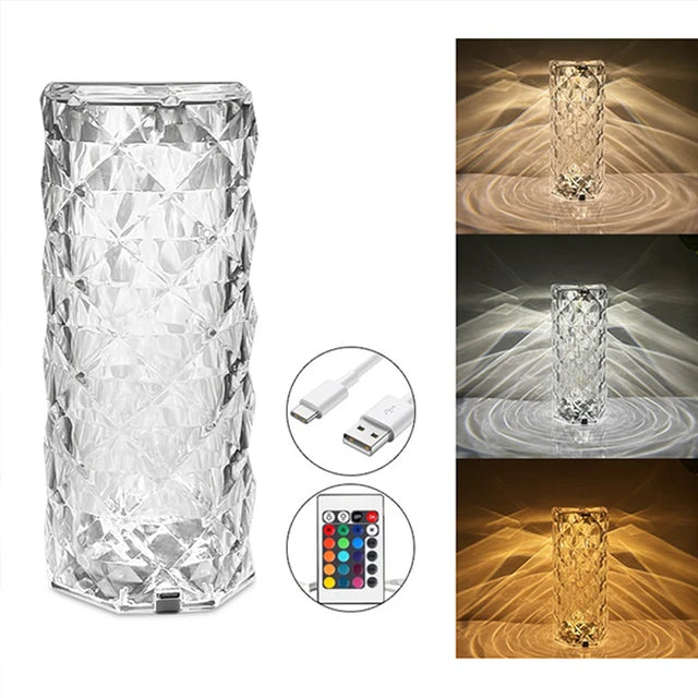 Rose Diamond Crystal Table Lamp – 16 Color RGB Touch Sensor Light with Remote Control – USB Charging Portable Atmosphere Lam